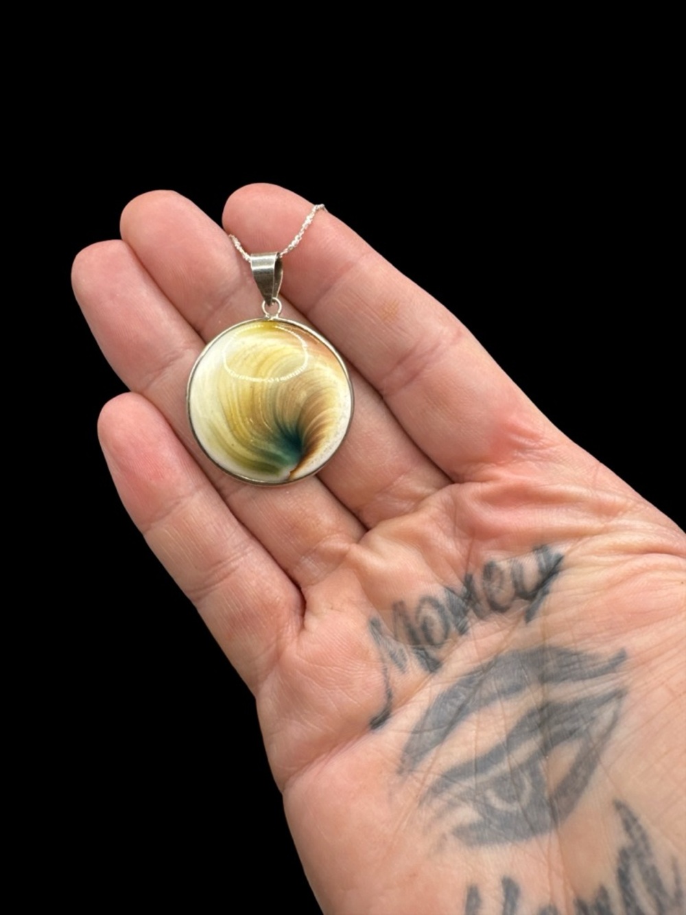 Vintage Sterling Silver Operculum Shell Pendant Necklace 16” Sterling Evil Eye - Picture 4 of 6